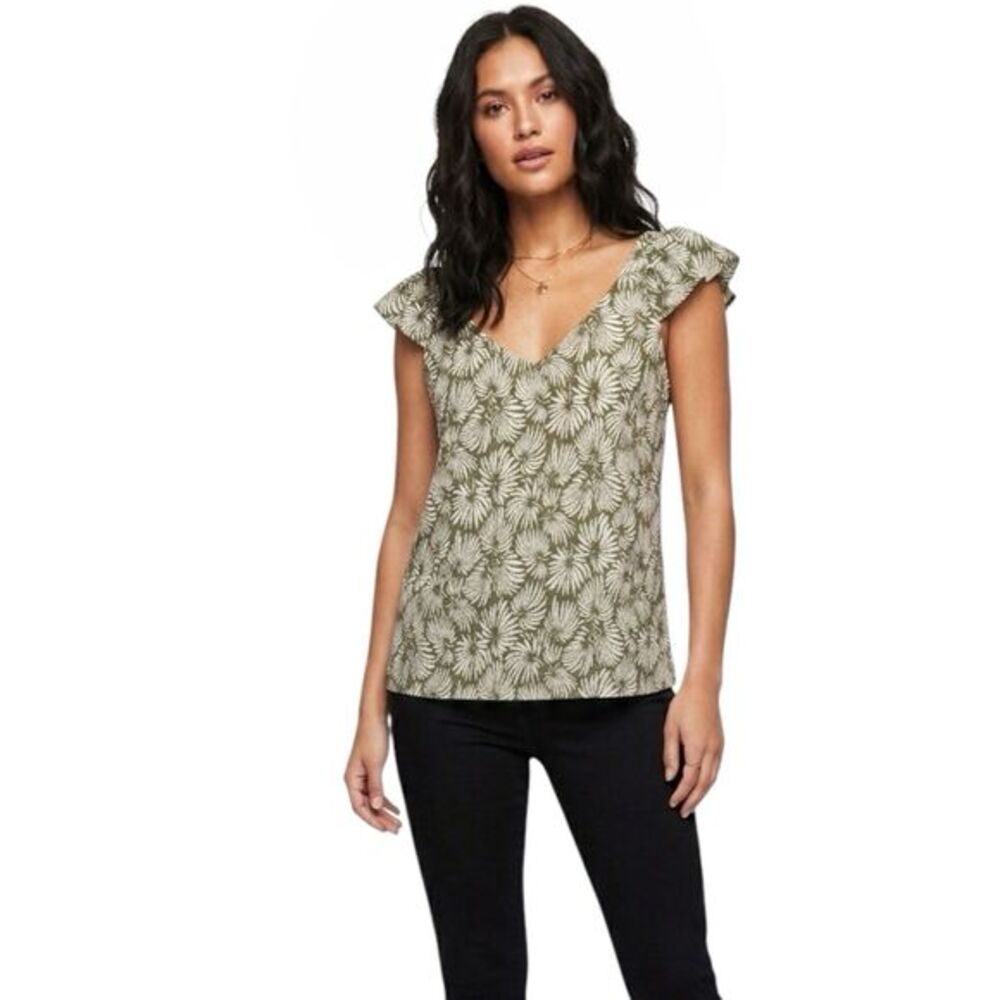 Loft Green Floral Top Blouse Short Sleeve V‑Neck Boho Resort Casual Sz Small